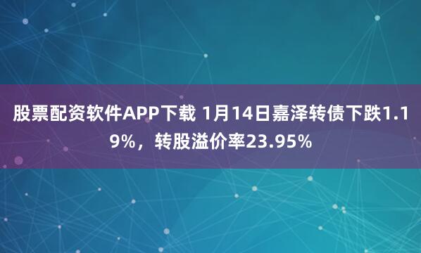 股票配资软件APP下载 1月14日嘉泽转债下跌1.19%，转股溢价率23.95%